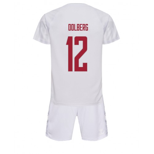 Fotballdrakt Barn Danmark Kasper Dolberg #12 Bortedraktsett VM 2022 Kortermet (+ Korte bukser)